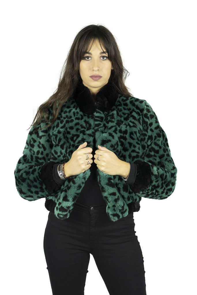 Giacca di Rex in Cincillà stampa Leopardo Verde con Polsi e Collo Nero - Elisabettapanerai